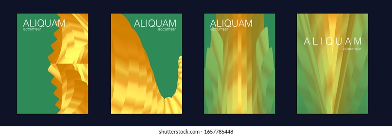 Light and Stylish Luxury Brochures. 1990 Golden Iridescent Set of Covers. Cosmic Design Business Template. Liquid Metallic Texture Layout. Minimal Geometric Illustrations. Gold Vector Background.