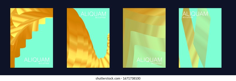 Light and Stylish Luxury Brochures. 1990 Golden Iridescent Set of Covers. Cosmic Design Business Template. Gold Vector Background. Liquid Metallic Texture Layout. Minimal Geometric Illustrations.