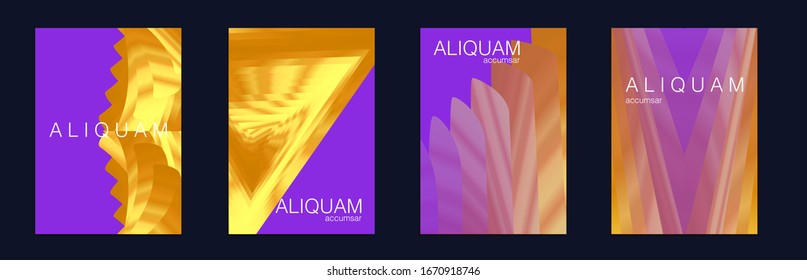 Light and Stylish Luxury Brochures. Cosmic Design Business Template. Gold Vector Background. Liquid Metallic Texture Layout. Minimal Geometric Illustrations. 1990 Golden Iridescent Set of Covers.