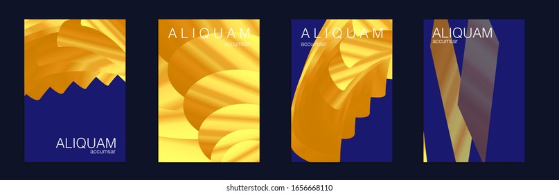 Light and Stylish Luxury Brochures. Liquid Metallic Texture Layout. Minimal Geometric Illustrations. Cosmic Design Business Template. Gold Vector Background. 1990 Golden Iridescent Set of Covers.
