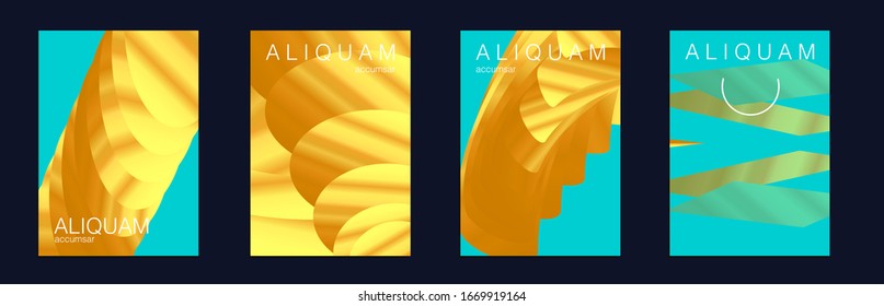 Light and Stylish Luxury Brochures. Liquid Metallic Texture Layout. Minimal Geometric Illustrations. Gold Vector Background. 1990 Golden Iridescent Set of Covers. Cosmic Design Business Template.