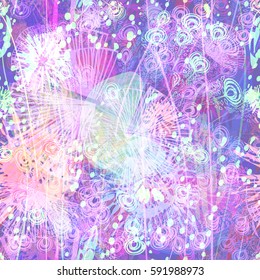 Light stylized floral elements on blue and purple background. Abstract seamless pattern for fabric, boho design. Watercolor and pastel effect