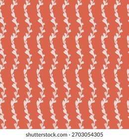 Light stylized leafy vines arranged in repeating vertical lines on a coral background. Seamless vector pattern suitable for textiles wallpaper and decor.