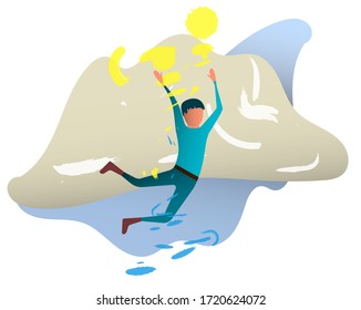 light summer day. The boy flies caught in the wind and waves. Sun, sea wave, good mood