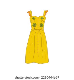 Verano claro elegante vestido amarillo con estampado de trébol con botones. Ropa femenina, ropa alargada con valances. Ilustración aislada de vector colorido dibujada a mano con contorno