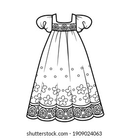 Light summer romantic long dress with floral ornament outline for coloring on a white background