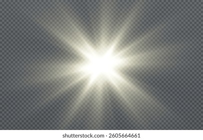 Light, sun on an isolated transparent background. The rays of the sun png. Light png. Sunrise Sunset. Flash Light. Vector illustration.
