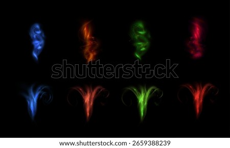 Light swirls of bright magic spells with glow effect. Magic flows for fantasy and game design and illustrations on dark background. Vector