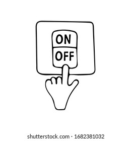 Light switch. Hand presses the button off. Earth Hour. Save planet concept. Black and white doodle style illustration vector