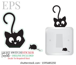 Light switch sticker, cute cat silhouette and mice, vector. Kitten illustration isolated on white background. Wall decals, wall artwork, cartoon decoration design. 