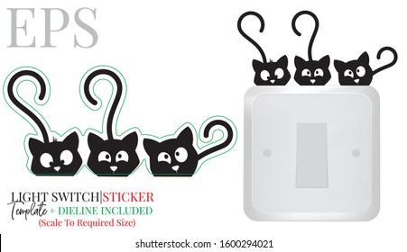 Light switch sticker, cute cats silhouette, vector. Three kittens illustration isolated on white background. Wall decals, wall artwork, cartoon decoration design