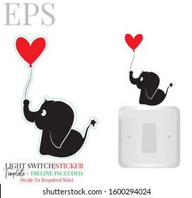 Light switch sticker, cute elephant silhouette with red heart balloon, vector. Elephant illustration with red heart isolated on white background. Wall decals, wall artwork, cartoon decoration design