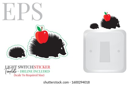 Light switch sticker, cute hedgehogs silhouette with red apple, vector. Hedgehogs illustration with red apple isolated on white background. Wall decals, wall artwork, cartoon decoration design