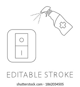 Light switches disinfection icon. Surface cleaning, room sanitation. Disinfection of interrupter. Light switch and antibacterial disinfectant spray. Editable stroke. Vector illustration