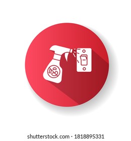 Light switches disinfection red flat design long shadow glyph icon. Surface cleaning, room sanitation. Light switch and antibacterial disinfectant spray bottle silhouette RGB color illustration