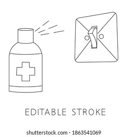 Light switches disinfection. Surface cleaning, room sanitation. Disinfection of interrupter from bacteria. Light switch and antibacterial disinfectant spray. Antiseptic. Editable stroke