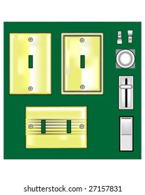 Light switches and faceplates in shiny brass - vector set