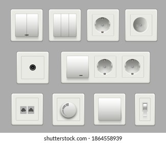 Interruptores de luz de un solo, doble, triple realista. Cajones y salidas a cobrar. Punto eléctrico, equipo, suministros. Ilustración de colección de vectores aislada en fondo gris.