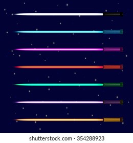 Light sword set. Colored light saber from wars of future isolated on abstract star sky background. Vector illustration.