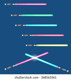 light swords with color variations on blue background. vector
