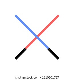 Light swords icon. Two light swords on white background. Two Crossed Light Swords Fight. Blue and Red Crossing Lasers.