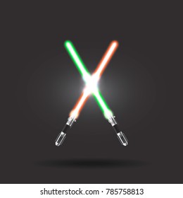 Light swords on Dark Background. Vector illustration. Eps10. Two crossed lightsabers.