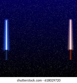 Light swords on Space Background. Vector illustration. Eps10. Lightsaber on The Night Sky. Starry way.