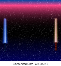 Light swords on Space Background. Vector illustration. Eps10. Lightsaber on The Night Sky. Starry way.