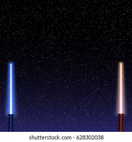 Light swords on Space Background. Vector illustration. Eps10. Lightsaber on The Night Sky. Starry way.