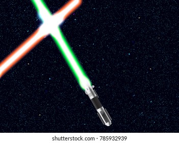 Light swords on Space Background. Vector illustration. Eps10. Two crossed lightsabers on The Night Sky.