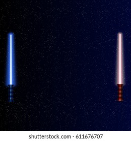 Light swords on Space Stars Background. Vector illustration. Eps10. Lightsaber on The Night Sky. Starry way.