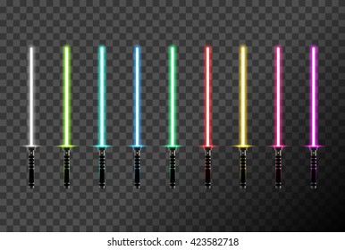 Light swords set on transparent background. Futuristic melee sci fi Weapon, cosmic shiny neon fighting instrument, vector illustration.