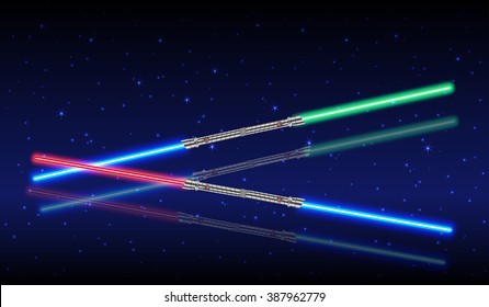 Light swords. Two-handed sword glowing ,futuristic weapon from star war, shiny fight, vector illustration