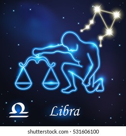 Light symbol of man hold steelyard to Libra of zodiac and horoscope concept, vector art and illustration.