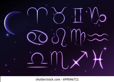 Light symbols of zodiac and horoscope, astrology and mystic signs, vector illustration.