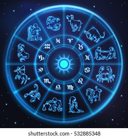 Light symbols of zodiac and horoscope circle, astrology and mystic signs, vector art and illustration.