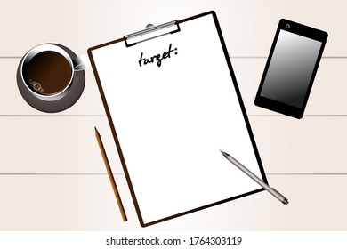 Mesa ligera, taza de café, teléfono, pluma, lápiz. Hoja para escribir. Un conjunto de elementos para el trabajo, el estudio, los negocios. Ilustración vectorial.