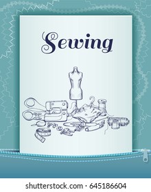 Light tailoring card template with sketch sewing accesories and tools on rectangular frame placing in opened zipper vector illustration