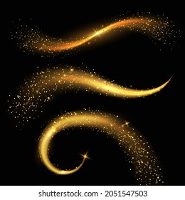 Light tails golden. Fairy magic stardust with yellow sparkles, christmas shiny star light. Glittering comets and festive gold powder. Visual physical effect, dynamic curve forms, vector set