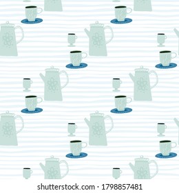 Light tea ceremony seamless pattern. Doodle hand drawn dishes print in light blue color on white stripped background. DPrint for wallpaper, textile, wrapping paper, fabric print. Vector illustration.