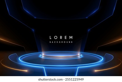 luz, tecnologia, futurista, fundo, pódio, azul, palco, neon, vetor, stand, futuro, abstrato, 3d, digital, apresentação, espaço, brilho, design, energia, pedestal, portal, redondo, sala, moderno, di