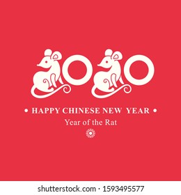 Light template 2020 with a cute cartoon rats on a red background. Chinese New Year of the Rat. Happy New Year. Wise Rat 2020. New Year on the Chinese calendar.