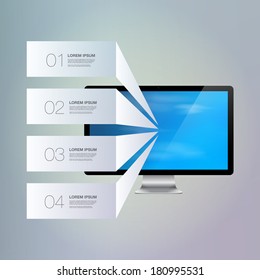 Light text boxes with realistic 3d computer monitor with blue sky wallpaper  can be used for workflow layout, diagram, chart, number options, web design.  Eps 10 stock vector illustration