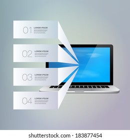 Light text boxes with realistic 3d laptop computer with blue sky wallpaper can be used for workflow layout, diagram, chart, number options, web design.  Eps 10 stock vector illustration