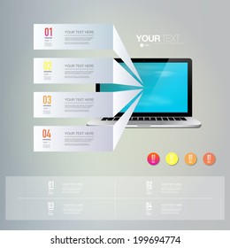 Light text boxes with realistic 3d laptop computer with blue sky wallpaper  can be used for workflow layout, diagram, chart, number options, web design.  Eps 10 stock vector illustration 