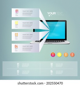 Light text boxes with realistic 3d laptop computer with blue sky wallpaper. Eps 10 stock vector illustration 