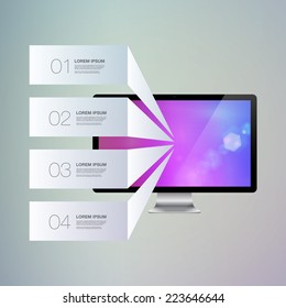 Light text boxes with realistic 3d laptop computer with beautiful wallpaper  can be used for workflow layout, diagram, chart, number options, web design.  Eps 10 stock vector illustration 