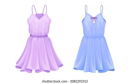 Light Textile Summer Dress with Thin Shoulder Straps and Flared Dress Border Vector Set