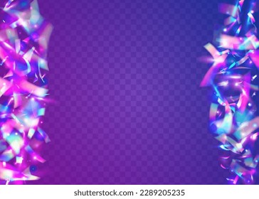 Light Texture. Transparent Tinsel. Blue Disco Glitter. Laser Prismatic Decoration. Bokeh Confetti. Fantasy Art. Surreal Foil. Blur Flare. Violet Light Texture