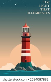 the light that illuminates. lighthouse-themed poster with sunset beground. great for posters, illustrations, etc.